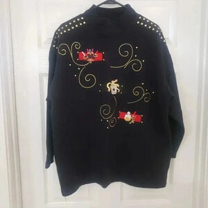 Adolfo Sport Vintage Ribbed Mock-Neck Black Christmas Sweater